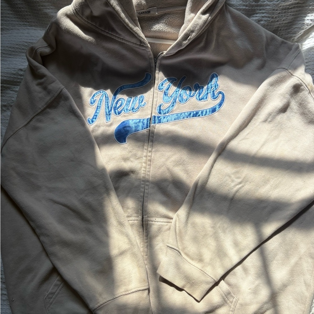 GARAGE Beige Hoodie with Blue New York Print